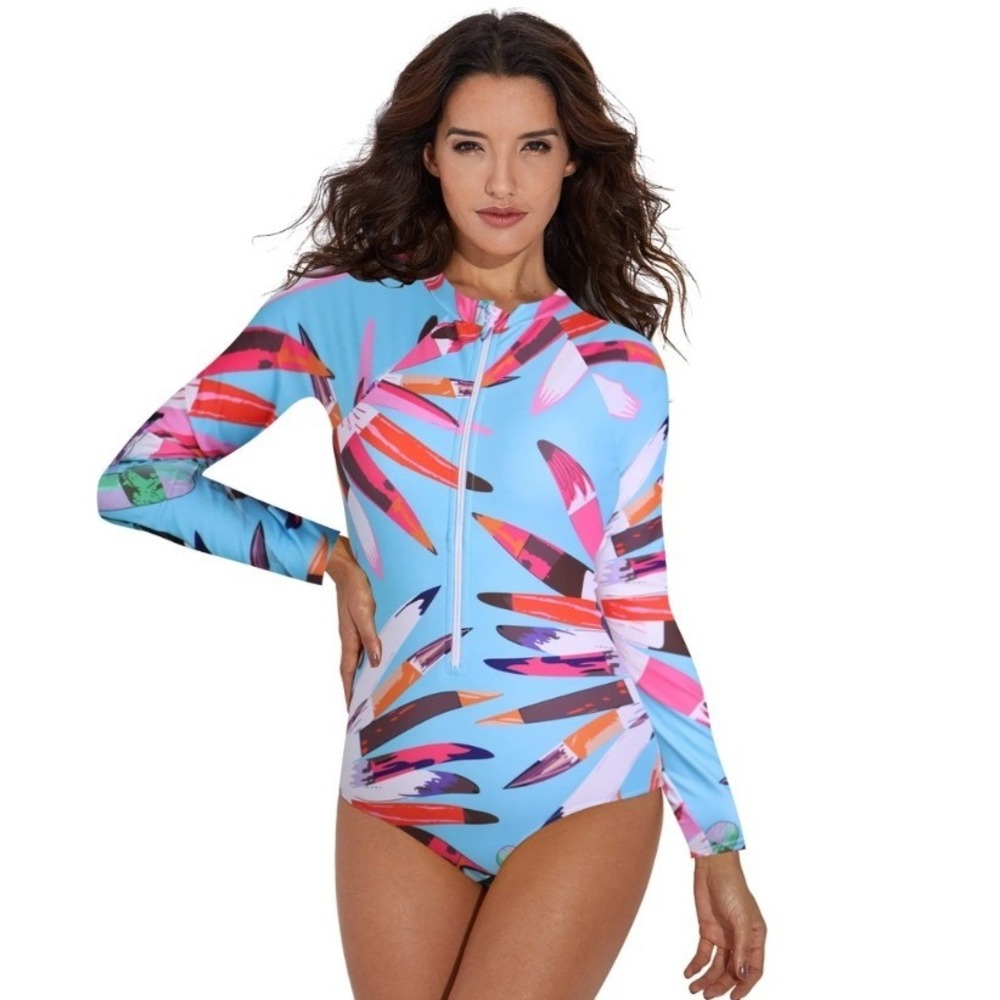 Womens‎ Long Sleeve Rash Guard One Piece Swimsuit Abstract Tropical Large NEW